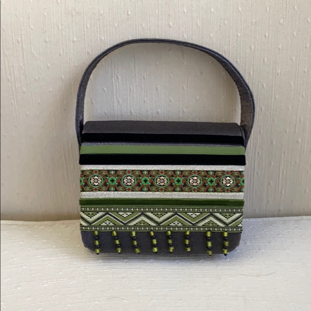 Small handmade handbag, gray/green/black